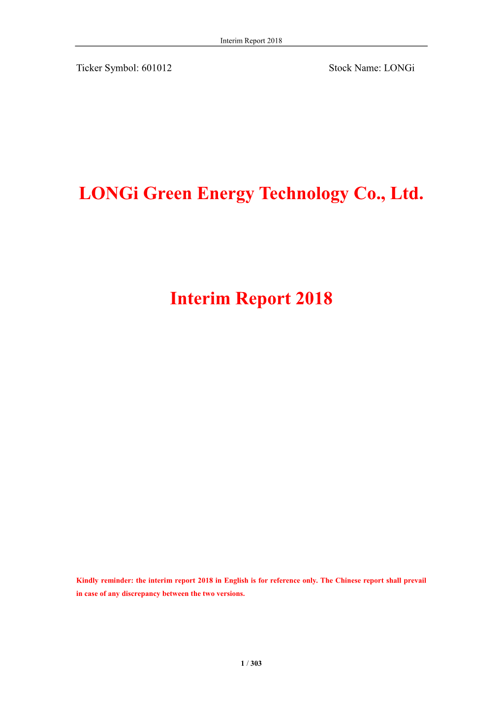 Longi Interim Report 2018