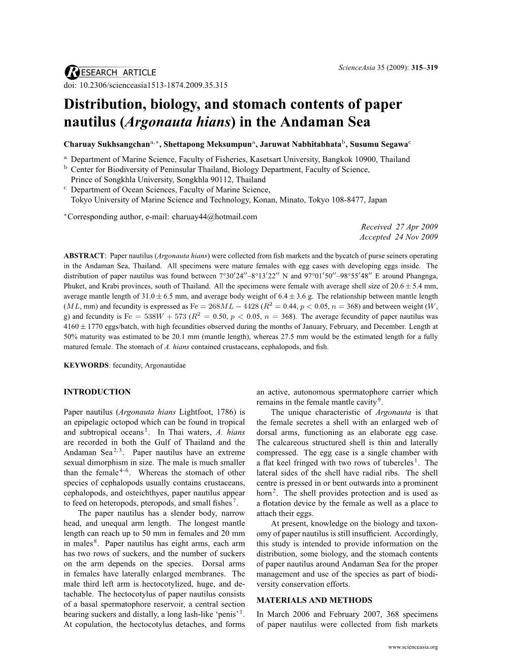 Distribution, Biology, and Stomach Contents of Paper Nautilus (Argonauta Hians) in the Andaman Sea