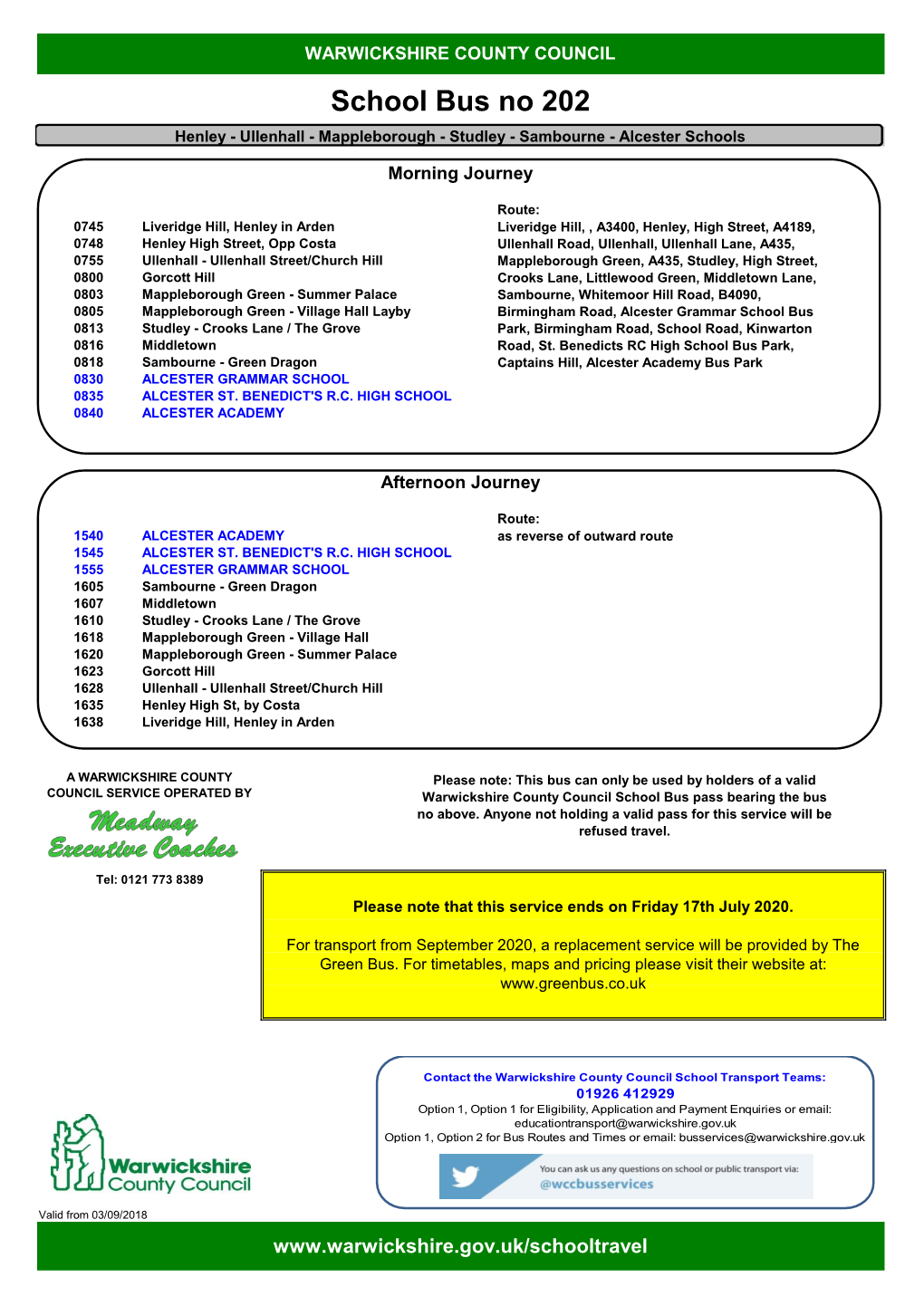 School Bus No 202 Henley - Ullenhall - Mappleborough - Studley - Sambourne - Alcester Schools