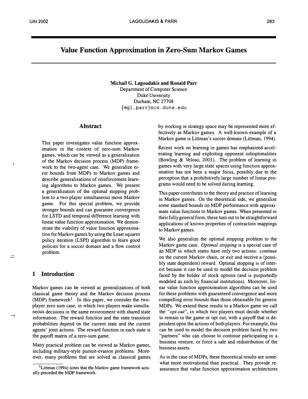 Value Function Approximation in Zero-Sum Markov Games {Mgl,Parr}