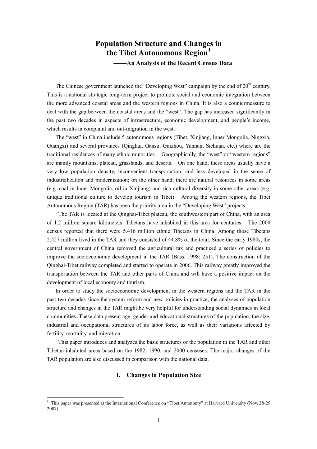 Population Structure and Changes in the Tibet Autonomous Region1 ——An Analysis of the Recent Census Data