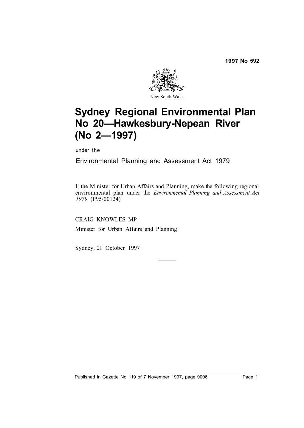 Sydney Regional Environmental Plan No 20—Hawkesbury-Nepean River (No 2—1997) Under the Environmental Planning and Assessment Act 1979