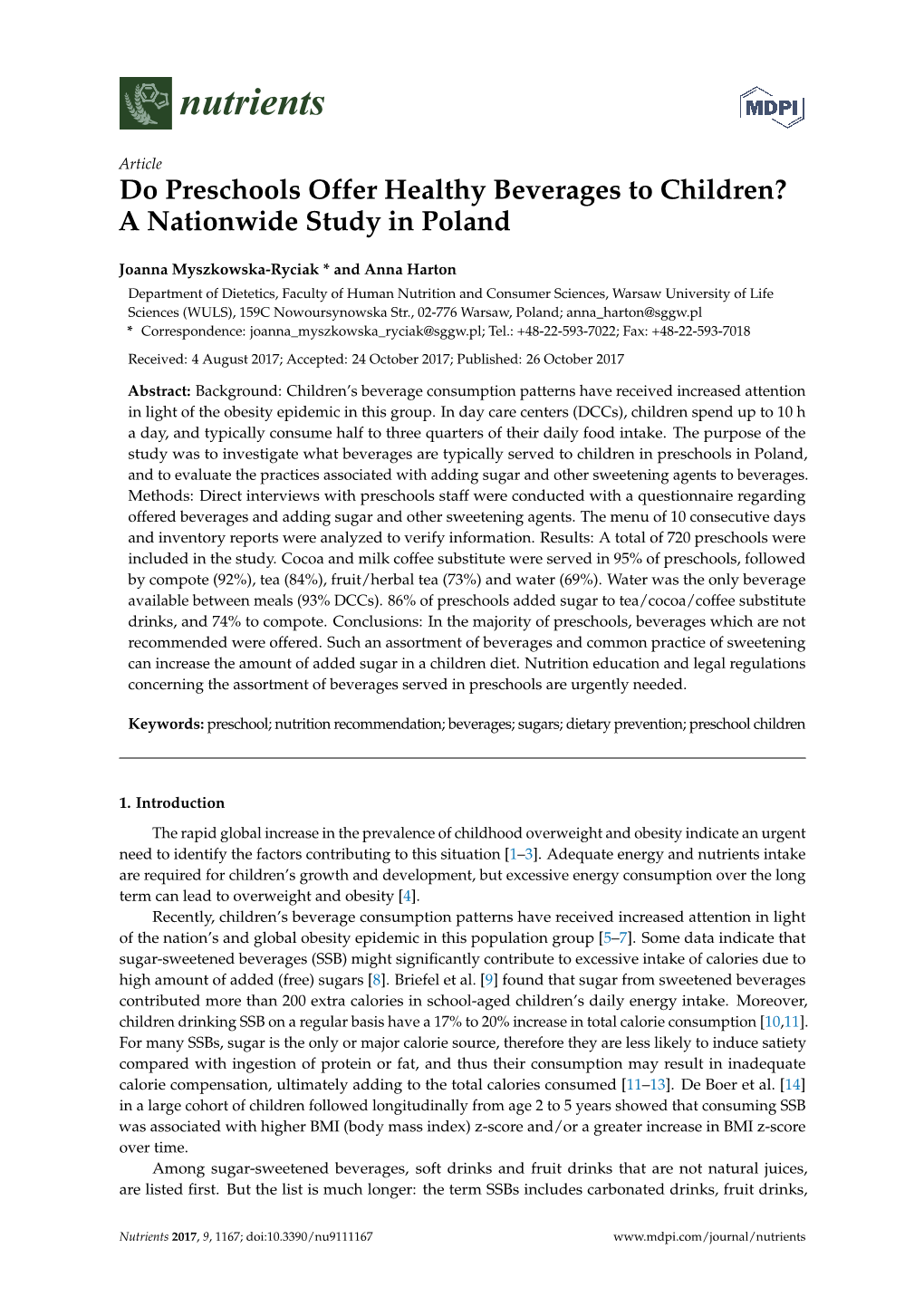 Do Preschools Offer Healthy Beverages to Children? a Nationwide Study in Poland