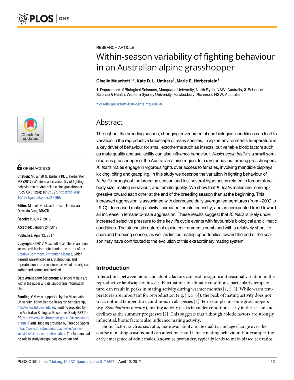 Within-Season Variability of Fighting Behaviour in an Australian Alpine Grasshopper