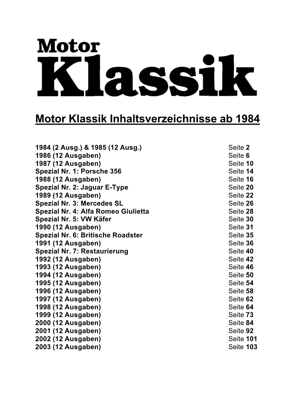 Motor Klassik Inhaltsverzeichnisse Ab 1984