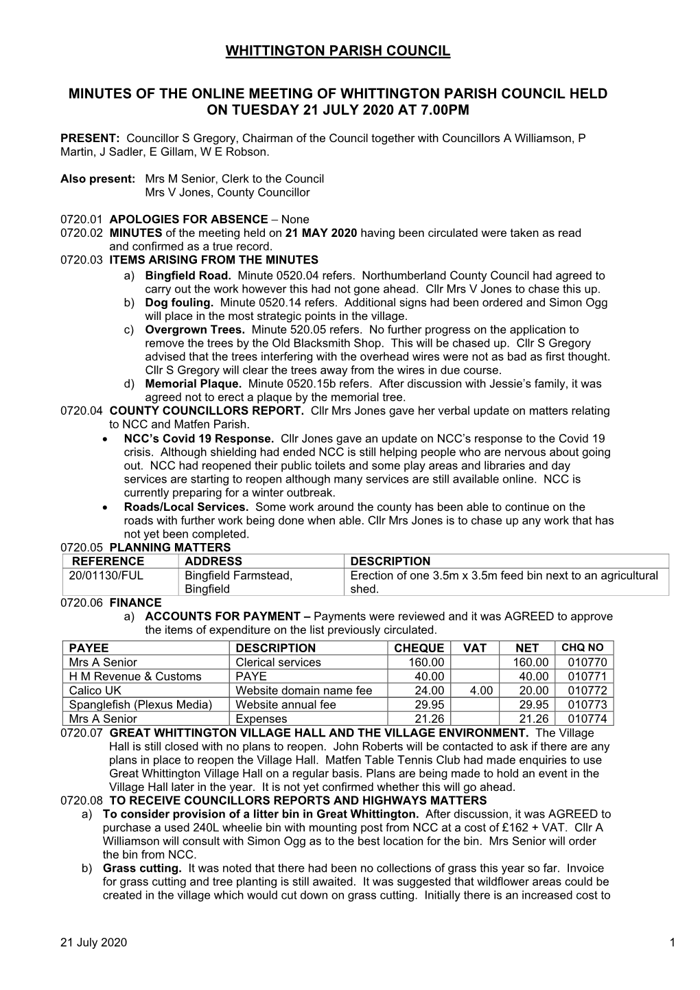 Minutes of the Online Meeting of Whittington Parish Council Held on Tuesday 21 July 2020 at 7.00Pm