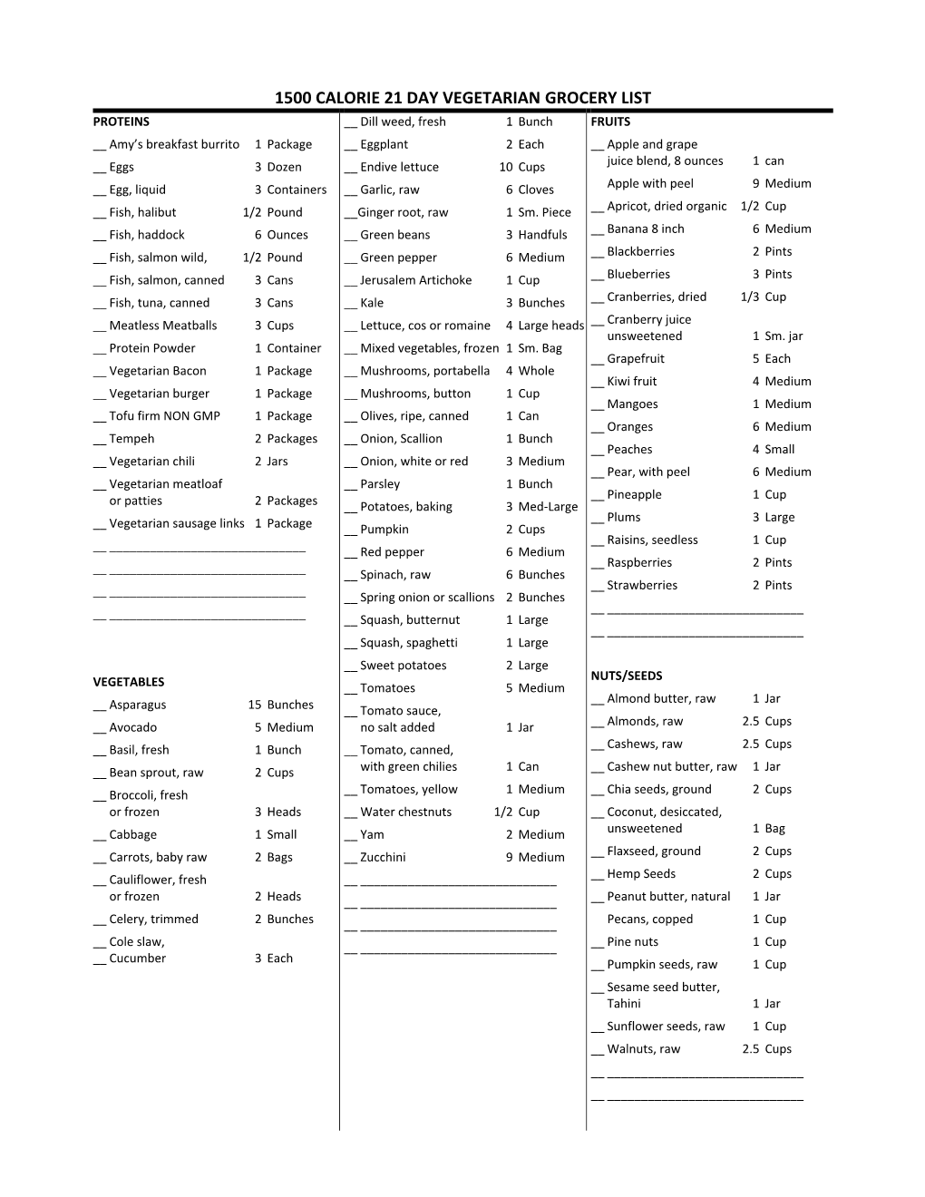 1500 Calorie 21 Day Vegetarian Grocery List