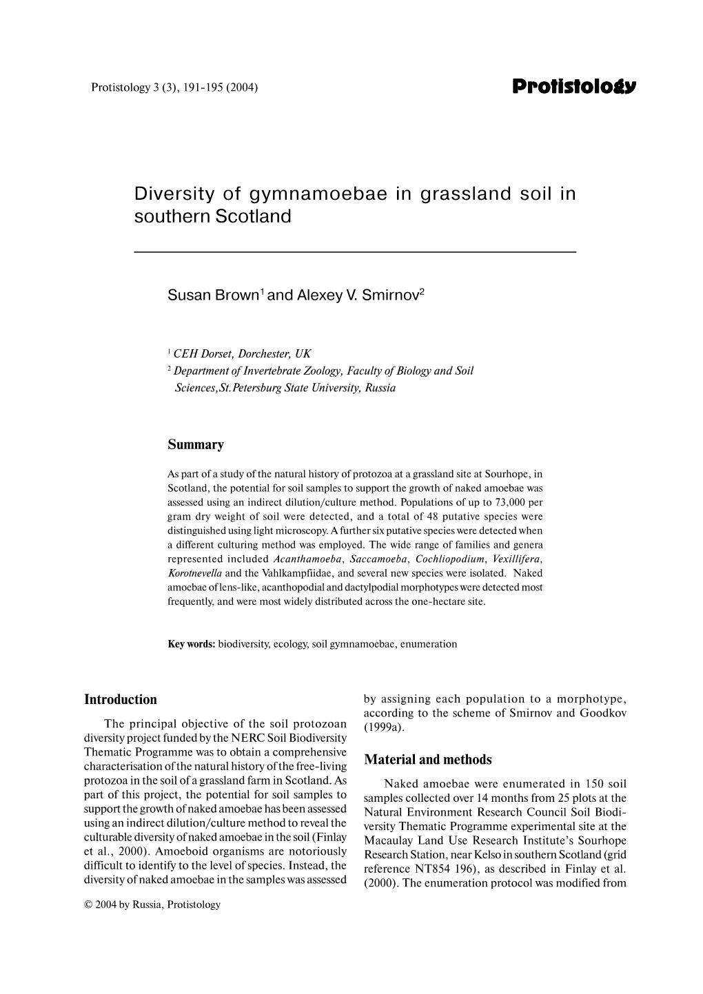 Protistology Diversity of Gymnamoebae in Grassland Soil In