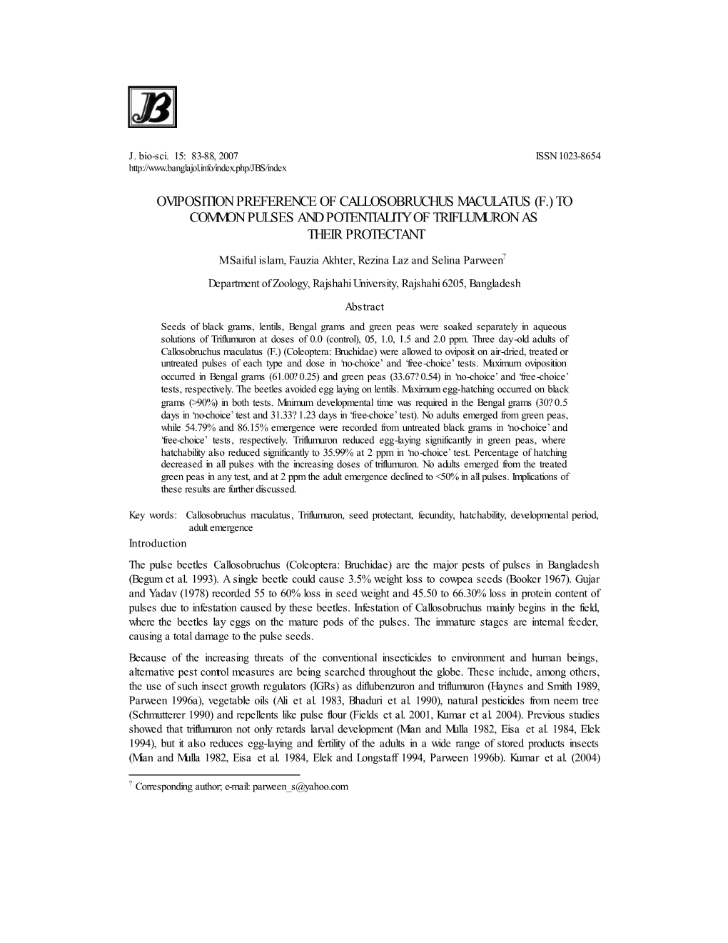 Oviposition Preference of Callosobruchus Maculatus (F.) to Common Pulses and Potentiality of Triflumuron As Their Protectant