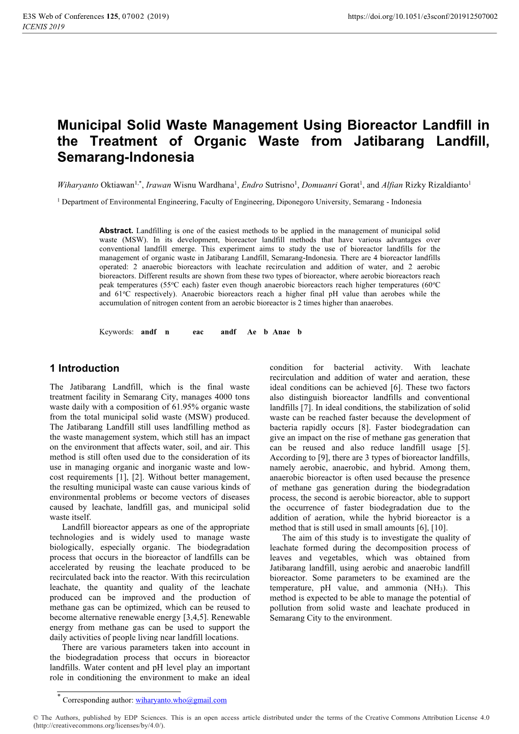 Municipal Solid Waste Management Using Bioreactor Landfill in the Treatment of Organic Waste from Jatibarang Landfill, Semarang-Indonesia