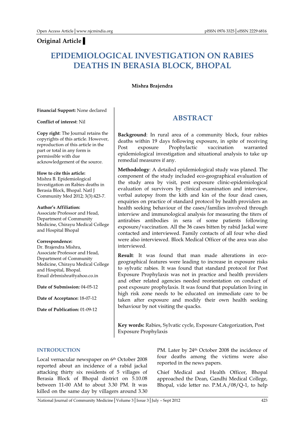 Epidemiological Investigation on Rabies Deaths in Berasia Block, Bhopal