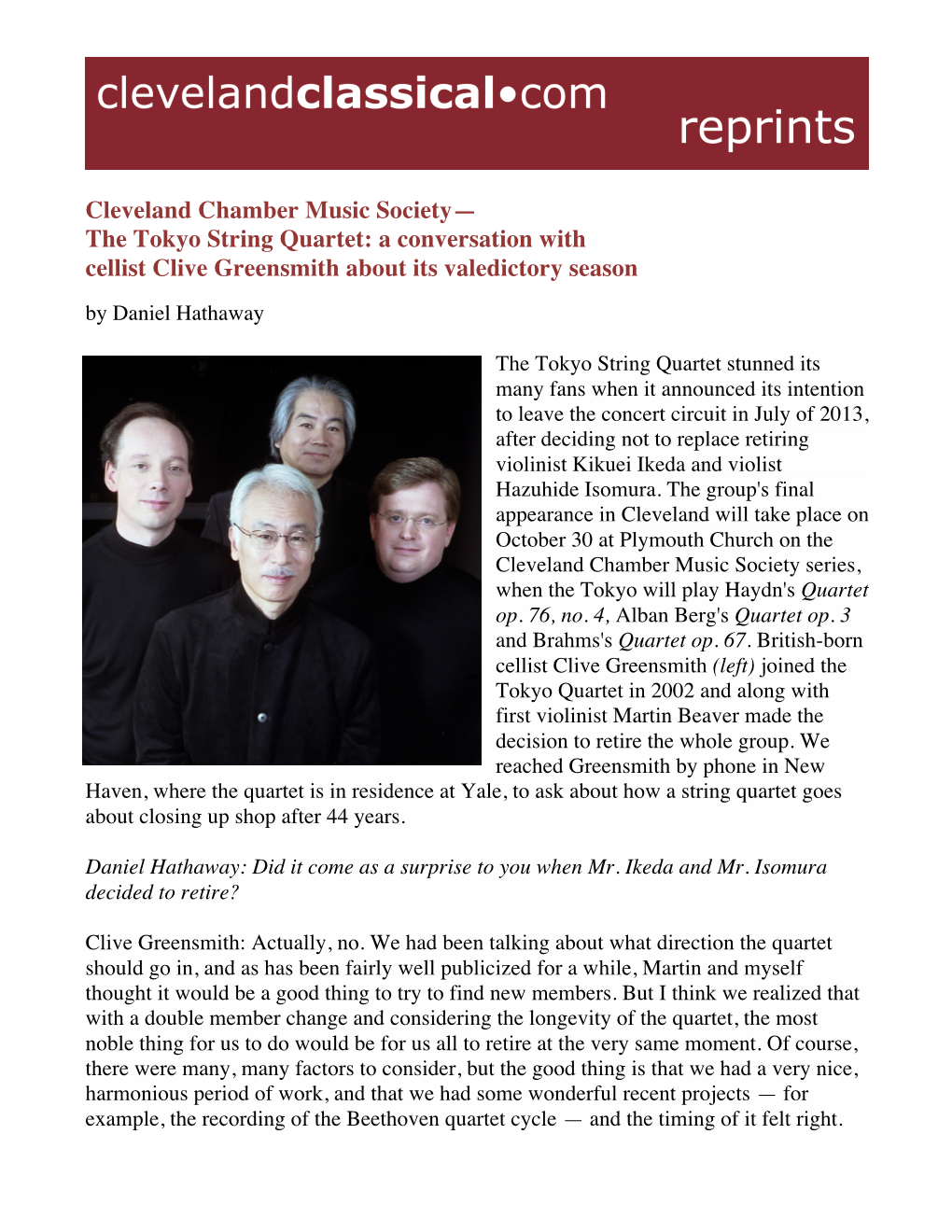 The Tokyo String Quartet: a Conversation with Cellist Clive Greensmith About Its Valedictory Season by Daniel Hathaway