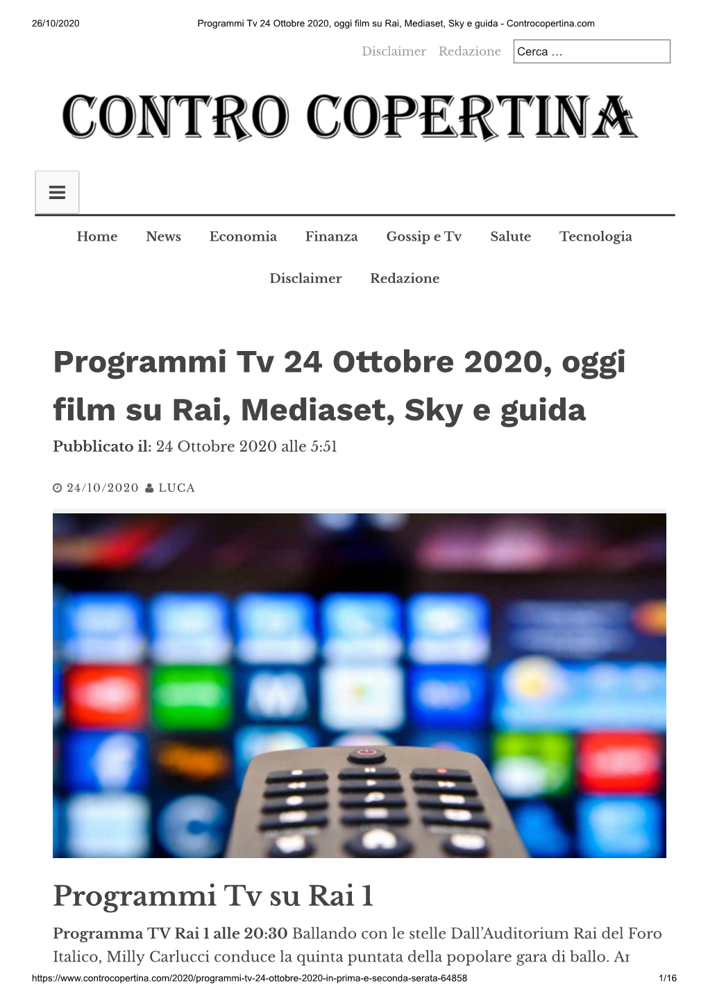 Programmi Tv 24 Ottobre 2020, Oggi Lm Su Rai, Mediaset, Sky E Guida