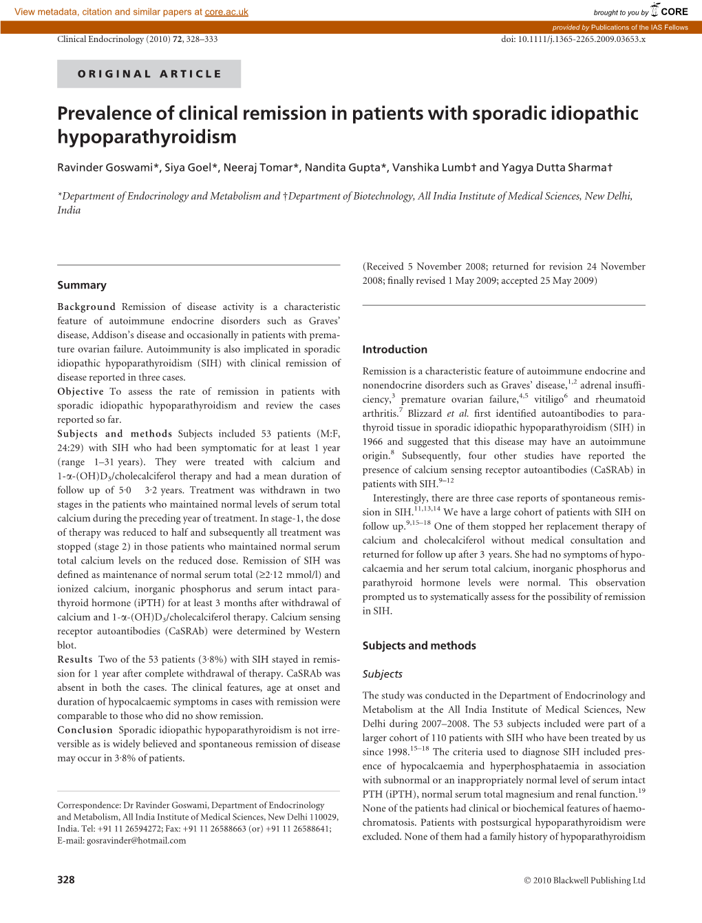 Prevalence of Clinical Remission in Patients with Sporadic Idiopathic Hypoparathyroidism