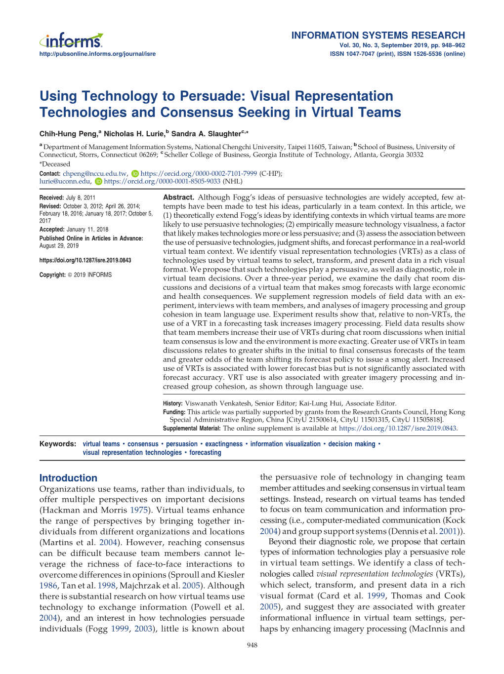 Visual Representation Technologies and Consensus Seeking in Virtual Teams