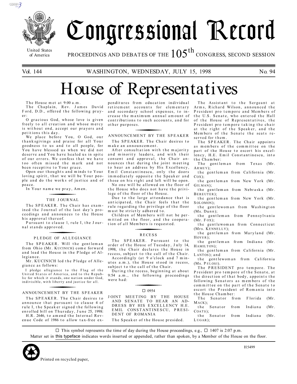 Congressional Record United States Th of America PROCEEDINGS and DEBATES of the 105 CONGRESS, SECOND SESSION