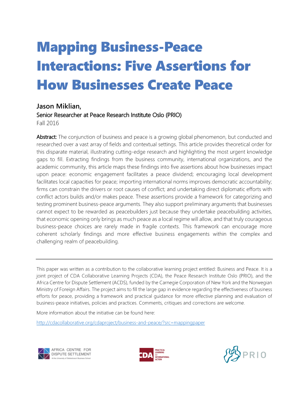 Mapping Business-Peace Interactions: Five Assertions for How Businesses Create Peace