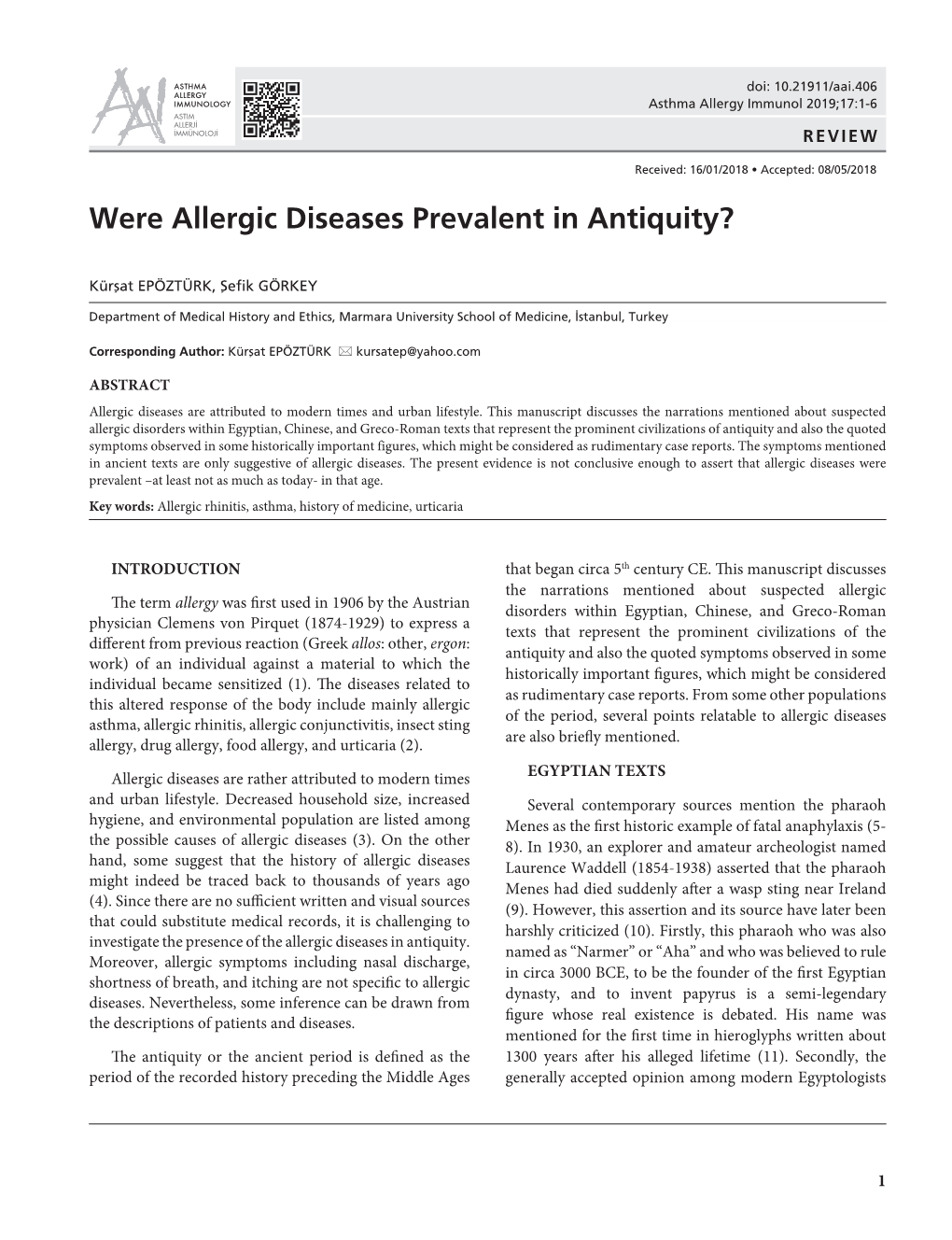 Were Allergic Diseases Prevalent in Antiquity?