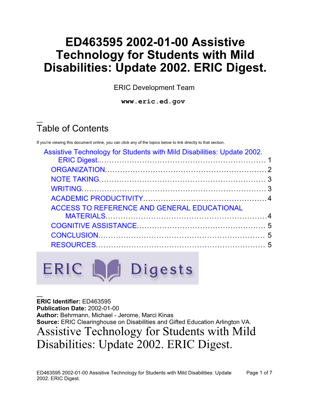 Assistive Technology for Students with Mild Disabilities: Update 2002