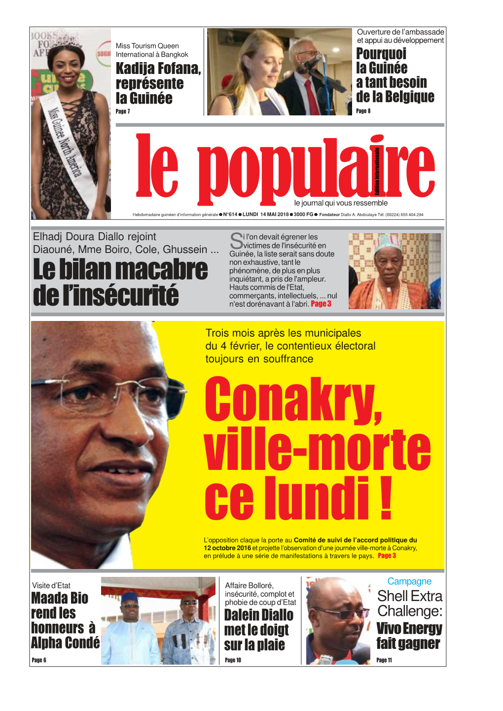 Le Populaire N°614 Du Lundi 14 Mai 2018 Edition Internationale