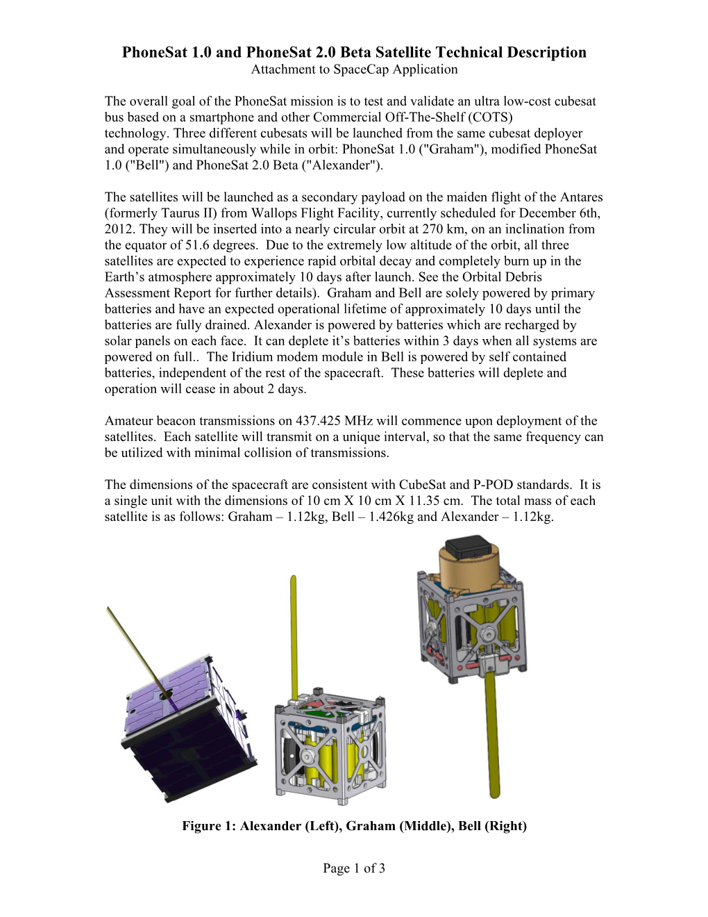 Phonesat 1.0 and Phonesat 2.0 Beta Satellite Technical Description Attachment to Spacecap Application