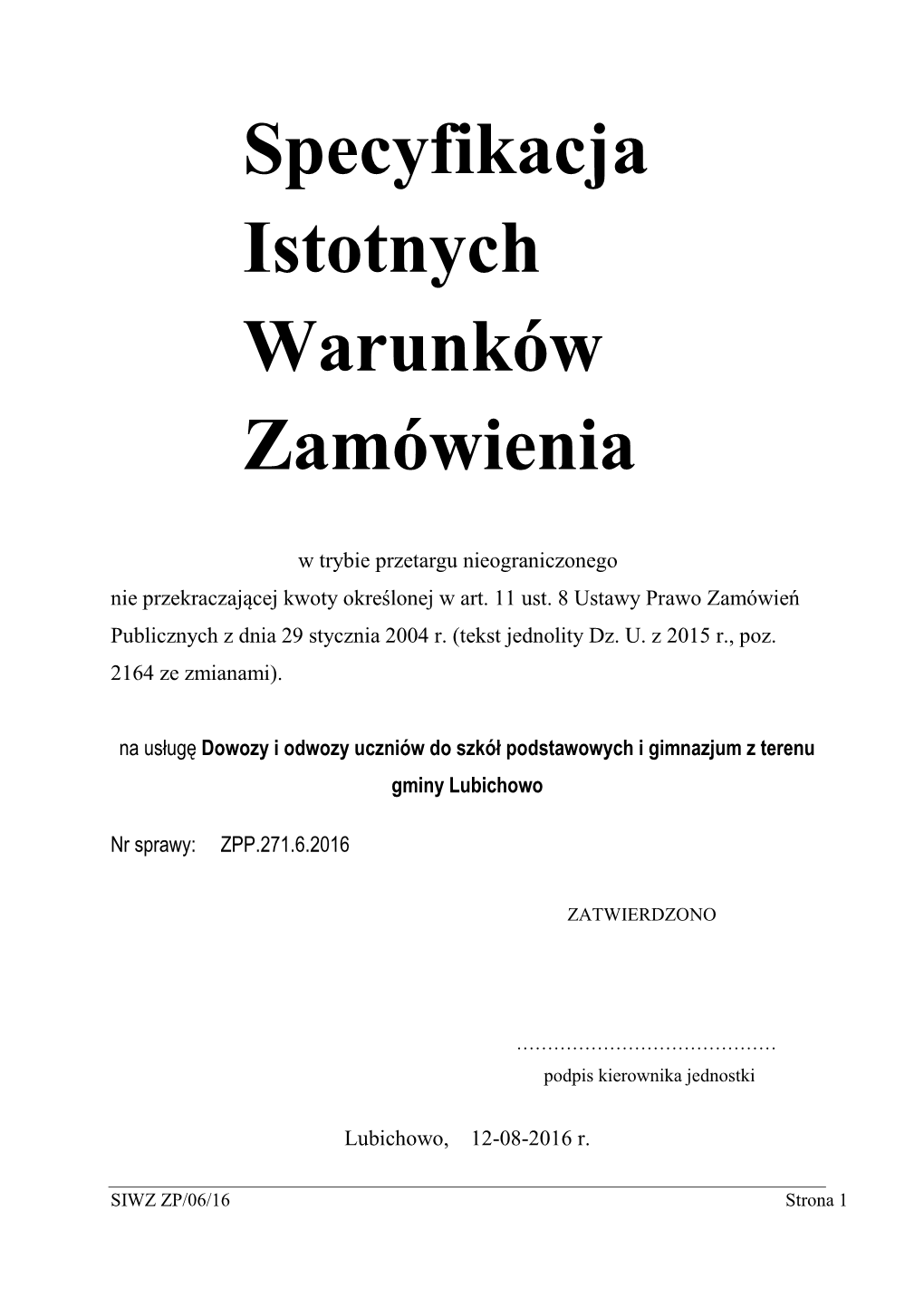 SIWZ Dowozy Uczniów Do Szkół Podstawowych I Gimnazjum Z