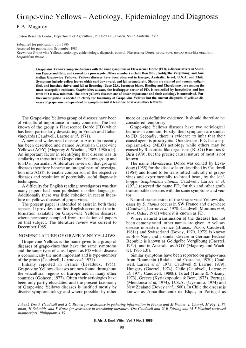 Grape-Vine Yellows - Aetiology, Epidemiology and Diagnosis P.A