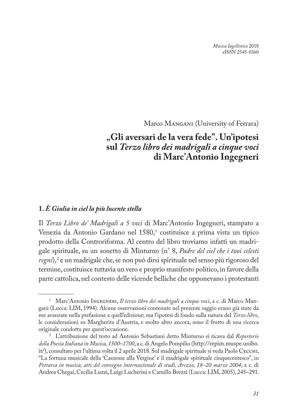 „Gli Aversari De La Vera Fede”. Un'ipotesi Sul Terzo Libro Dei Madrigali a Cinque Voci Di Marc'antonio Ingegneri