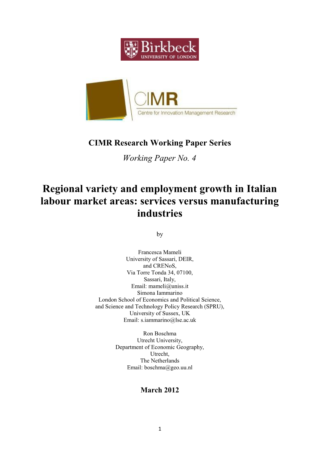 Regional Variety and Employment Growth in Italian Labour Market Systems: Services Versus