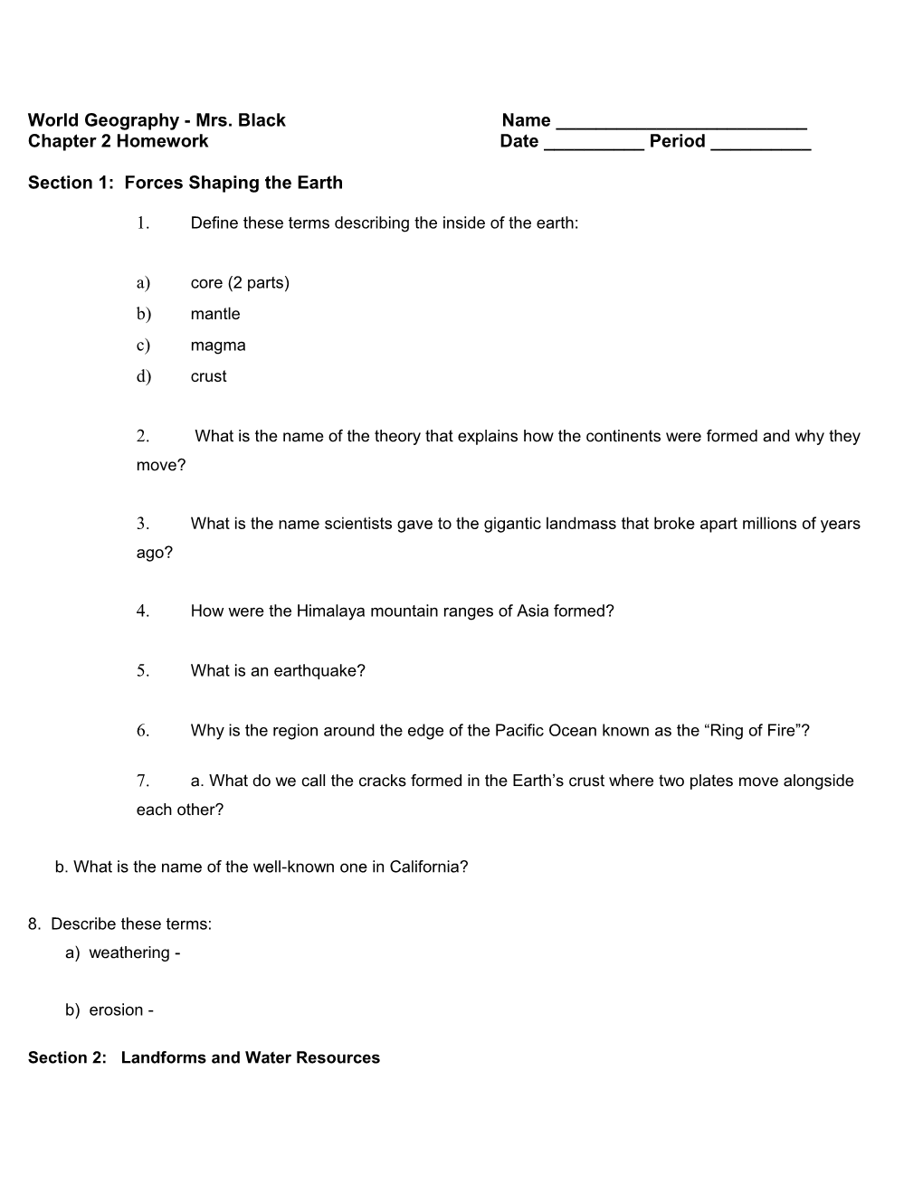 World Geography - Mrs. Black Name ______