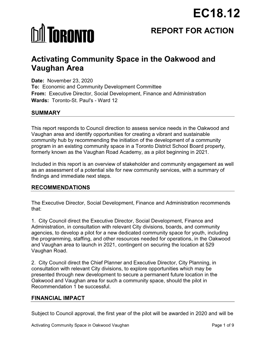 Activating Community Space in the Oakwood and Vaughan Area