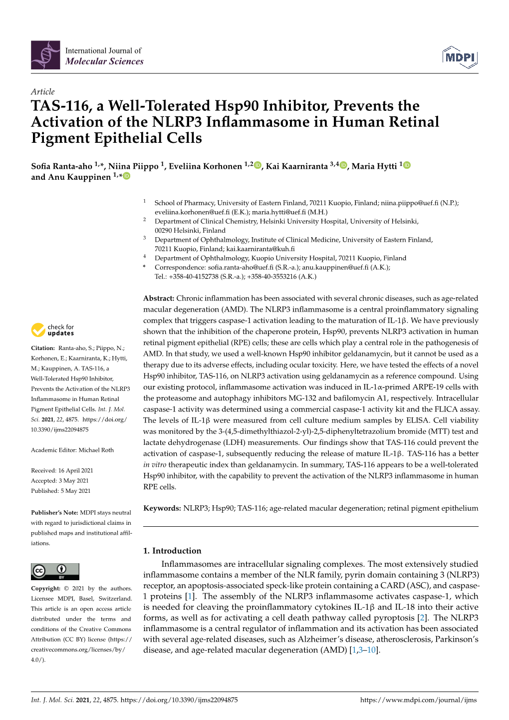 TAS-116, a Well-Tolerated Hsp90 Inhibitor, Prevents the Activation of the NLRP3 Inﬂammasome in Human Retinal Pigment Epithelial Cells