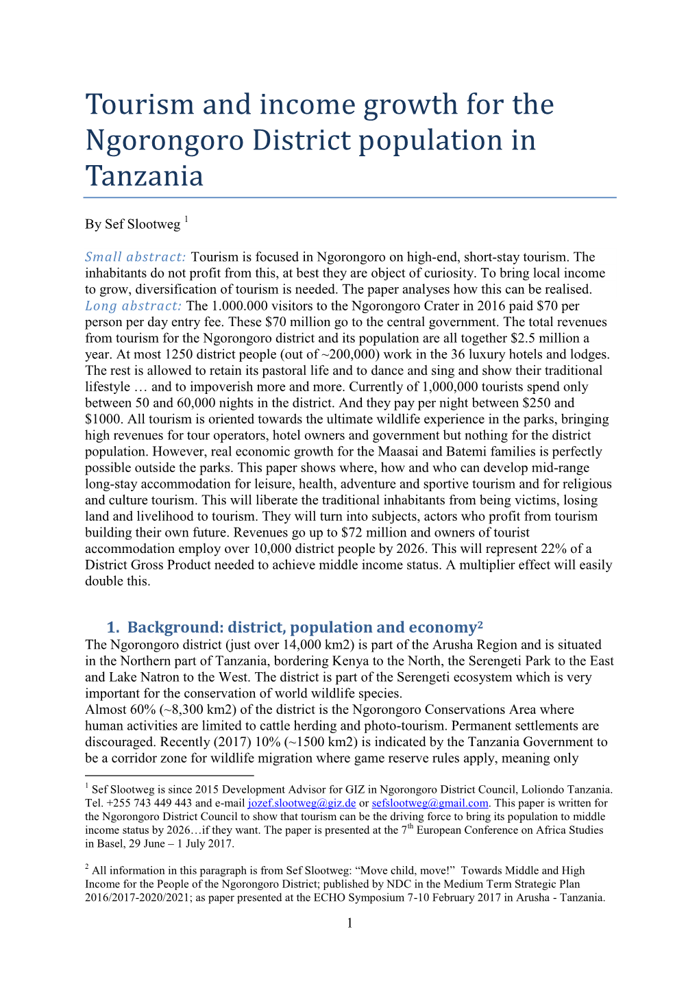 Tourism and Income Growth for the Ngorongoro District Population in Tanzania