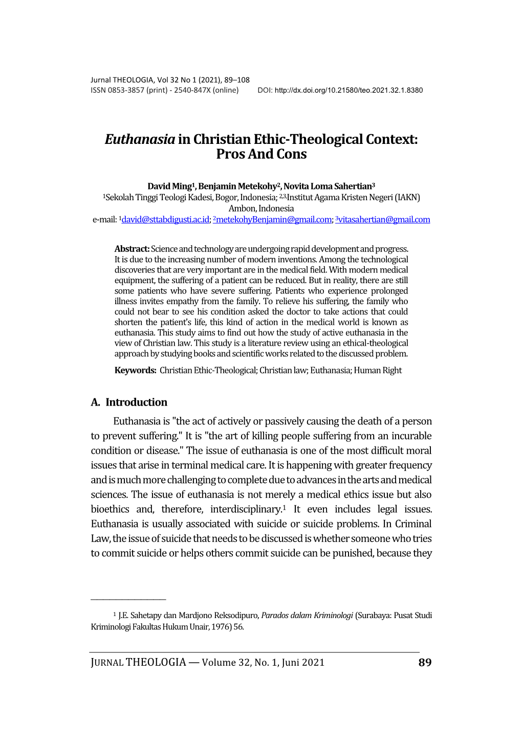 Euthanasiain Christian Ethic-Theological Context: Pros