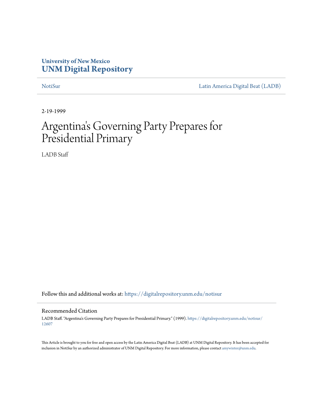 Argentina's Governing Party Prepares for Presidential Primary LADB Staff