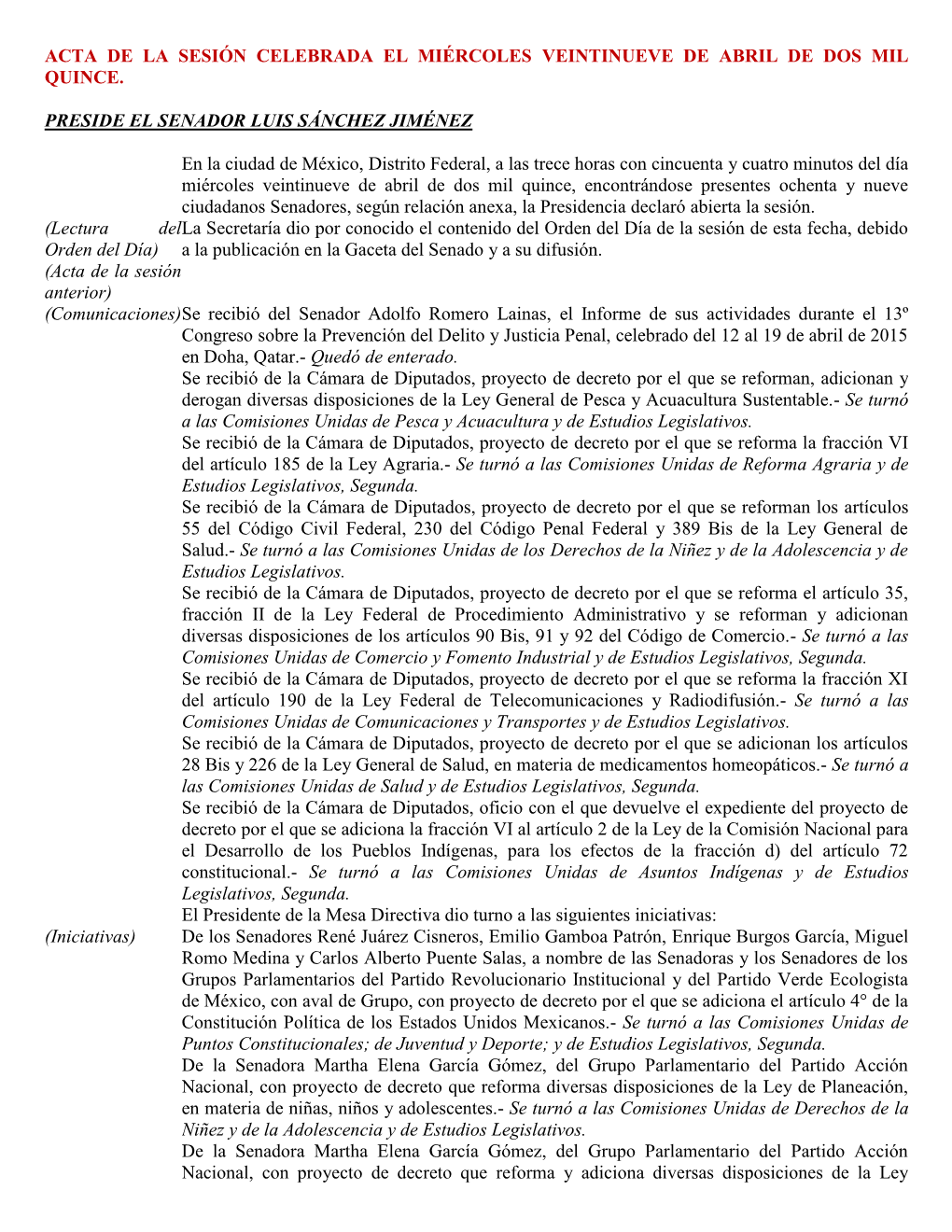 Acta De La Sesión Celebrada El Miércoles Veintinueve De Abril De Dos Mil Quince