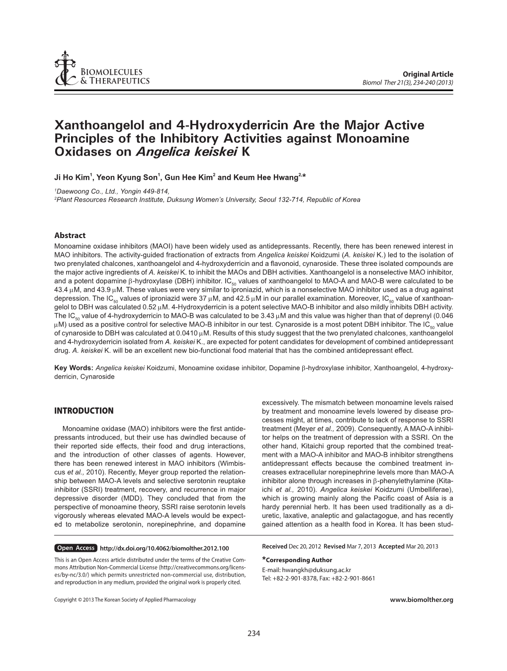 Xanthoangelol and 4-Hydroxyderricin Are the Major Active Principles of the Inhibitory Activities Against Monoamine Oxidases on Angelica Keiskei K