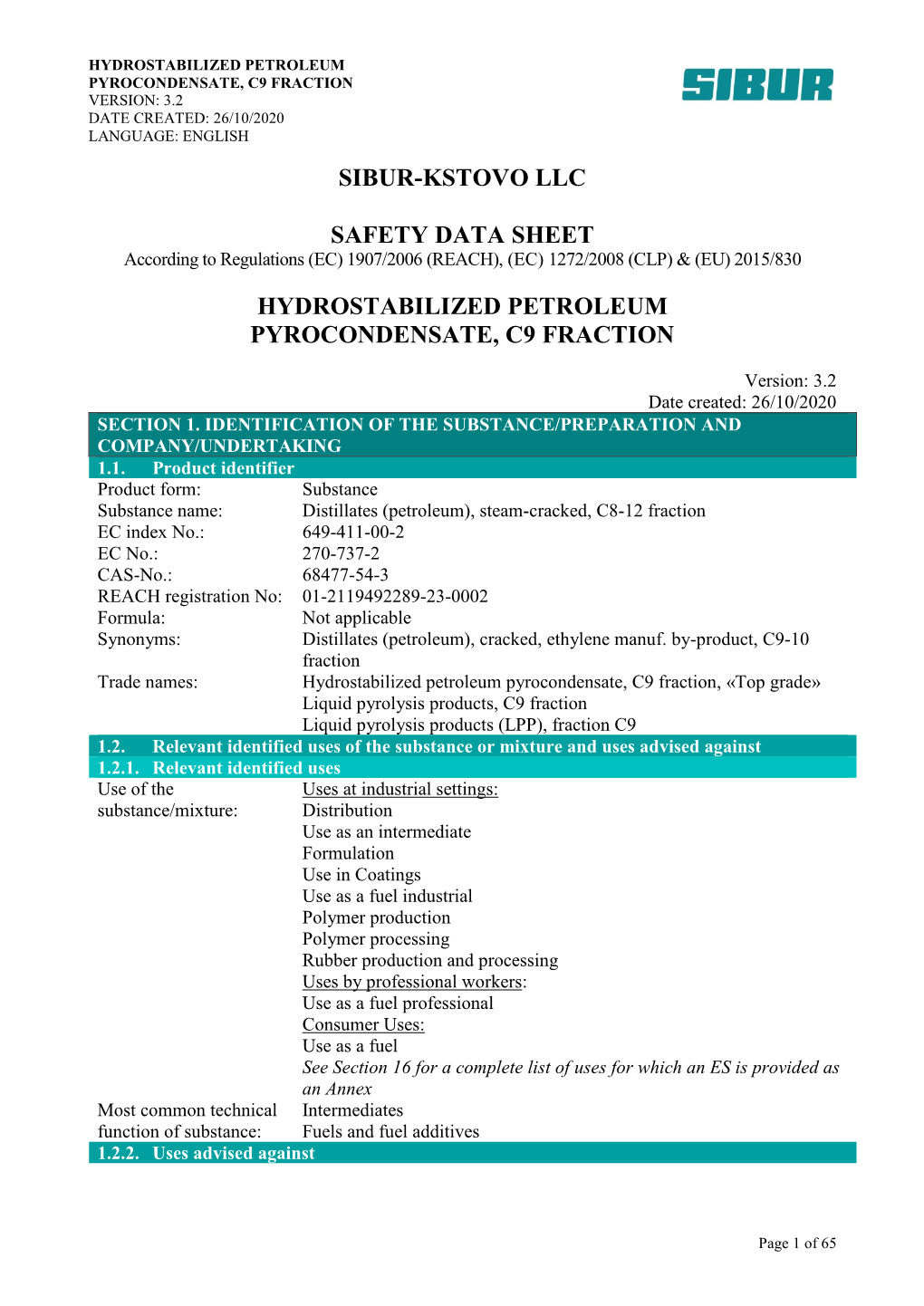 Sibur-Kstovo Llc Safety Data Sheet