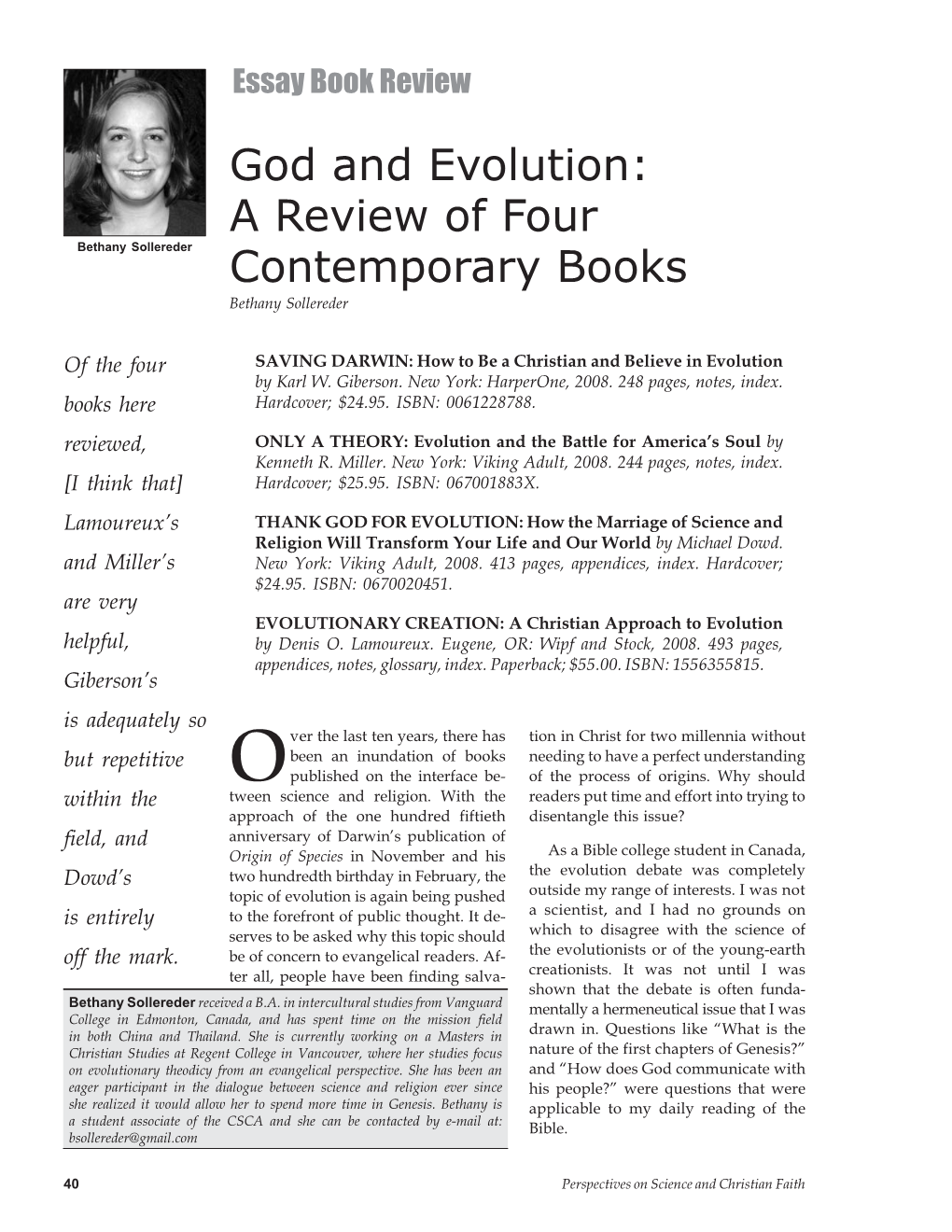 God and Evolution: a Review of Four Bethany Sollereder Contemporary Books Bethany Sollereder