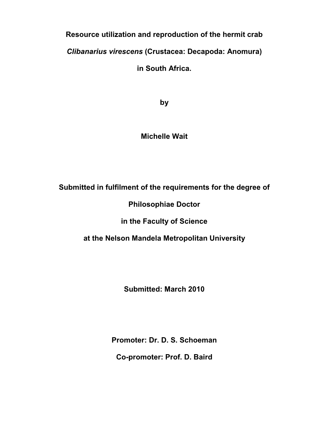 Resource Utilization and Reproduction of the Hermit Crab