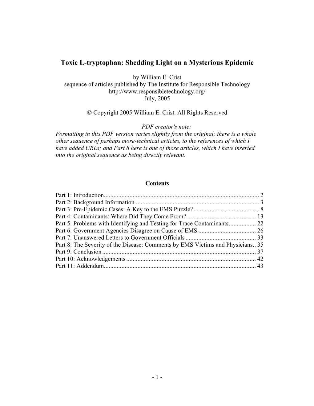 Toxic L-Tryptophan: Shedding Light on a Mysterious Epidemic