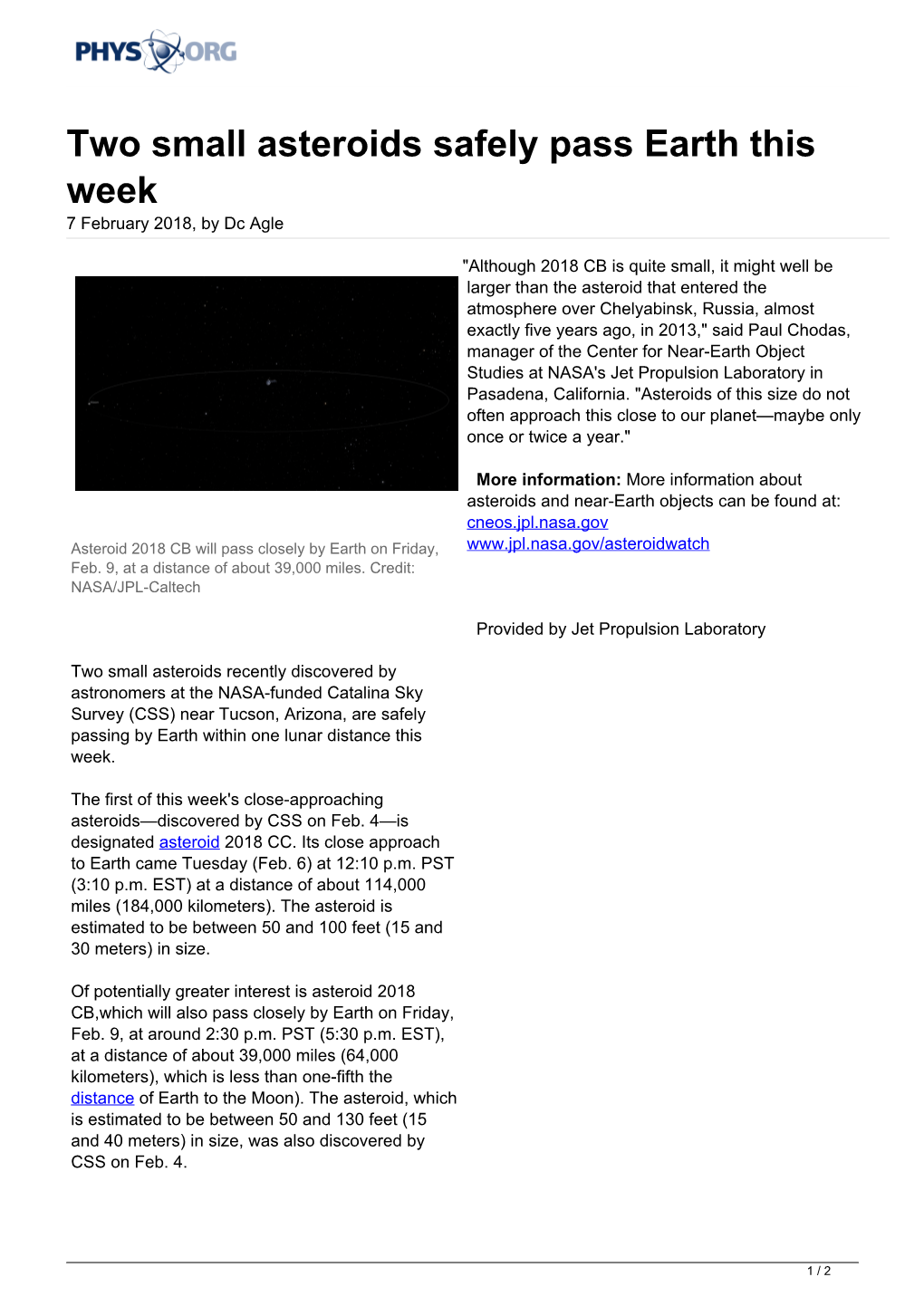 Two Small Asteroids Safely Pass Earth This Week 7 February 2018, by Dc Agle