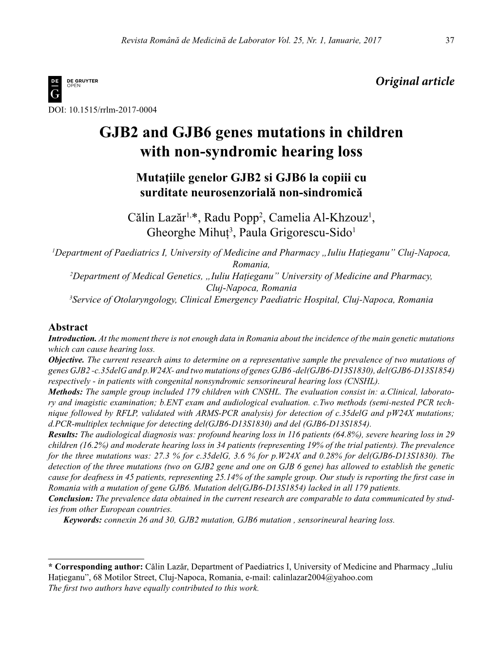 GJB2 and GJB6 Genes Mutations in Children with Non-Syndromic