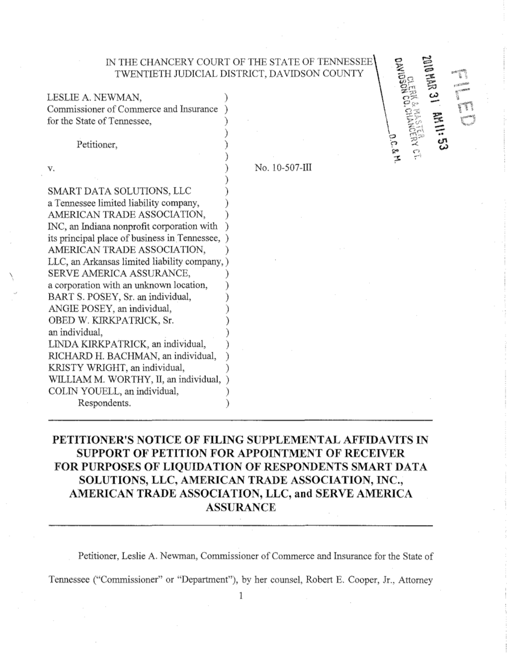 Petitioner's Notice of Filing Supplemental Affidavits In