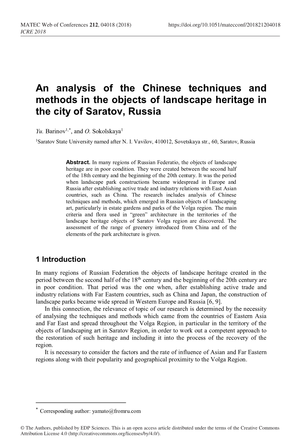 An Analysis of the Chinese Techniques and Methods in the Objects of Landscape Heritage in the City of Saratov, Russia