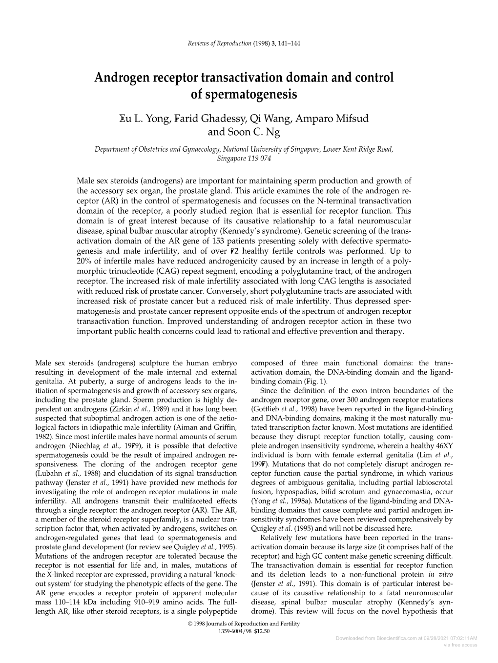 Androgen Receptor Transactivation Domain and Control of Spermatogenesis