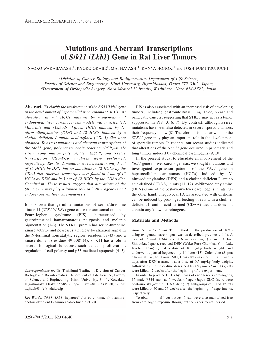 Lkb1) Gene in Rat Liver Tumors