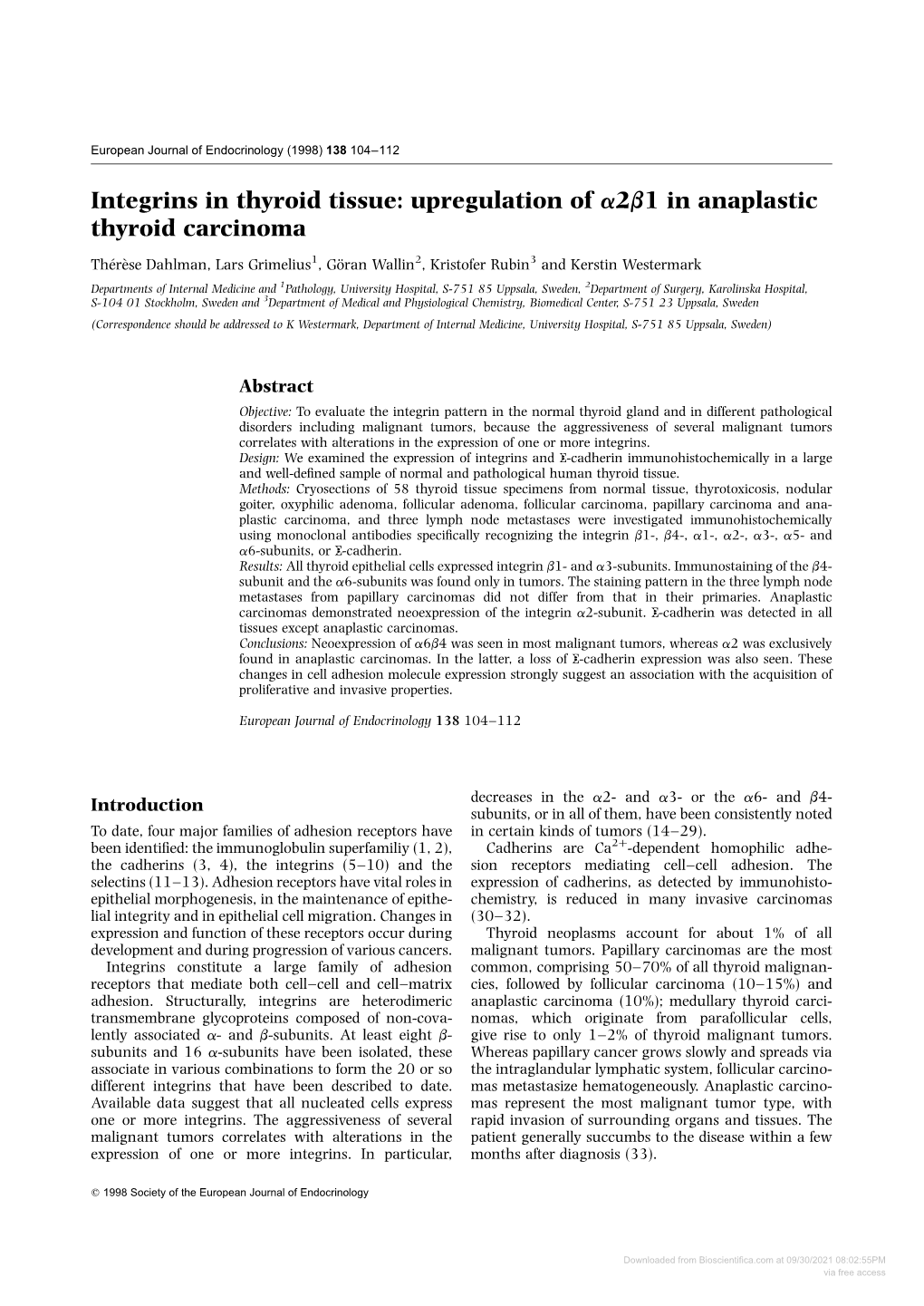 Integrins in Thyroid Tissue: Upregulation of A2b1 in Anaplastic Thyroid Carcinoma