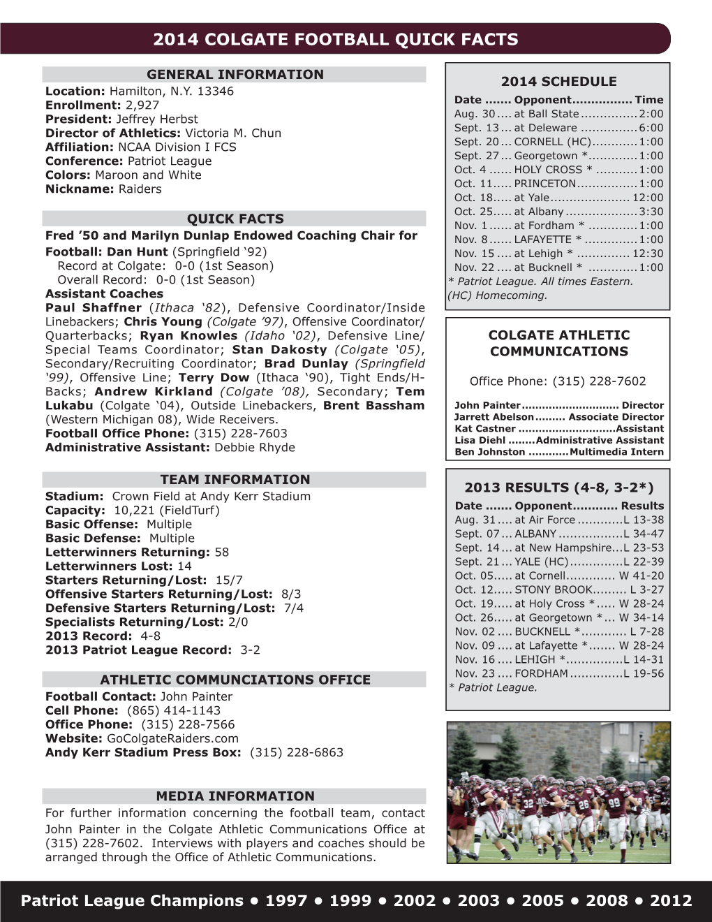 2014 Colgate Football Quick Facts