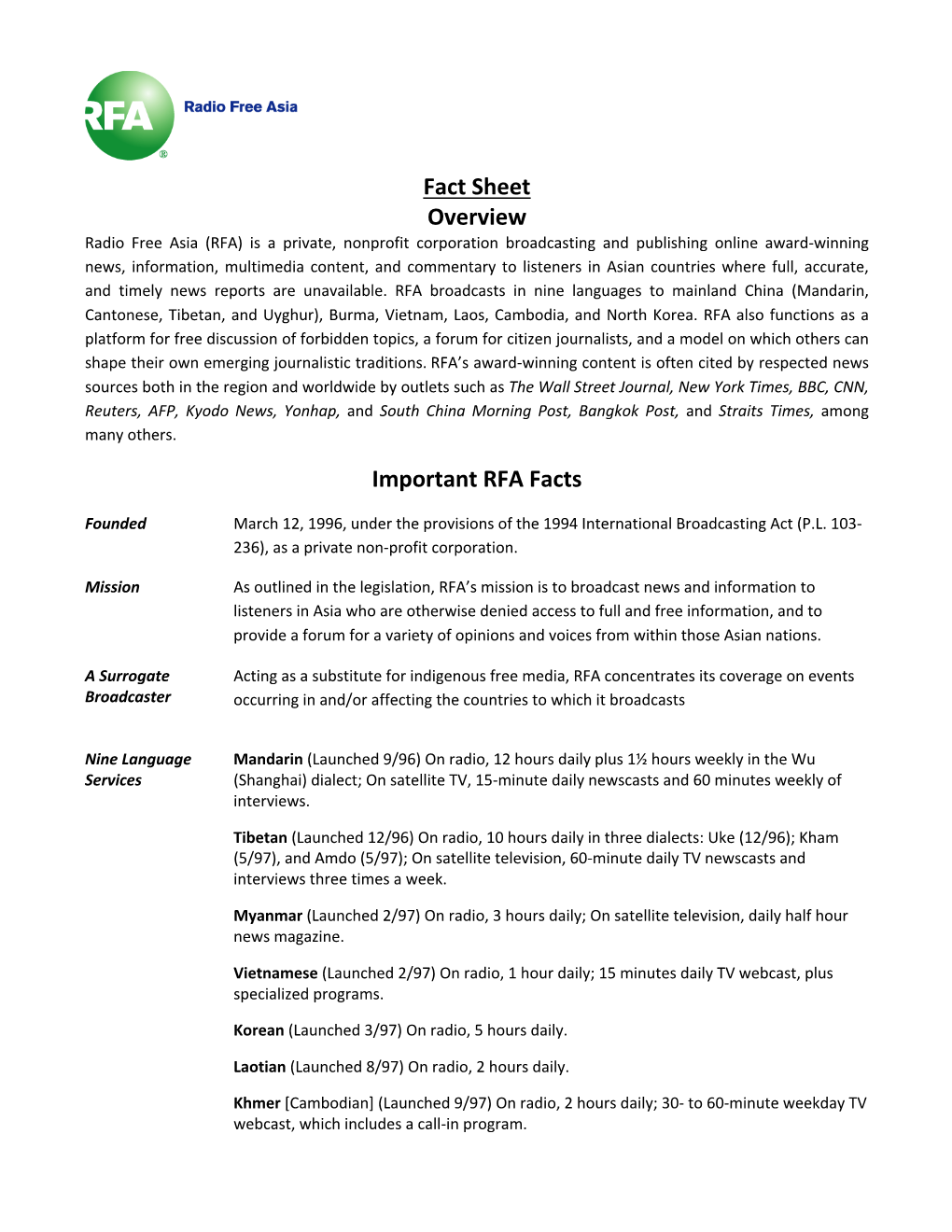 Fact Sheet Overview Important RFA Facts